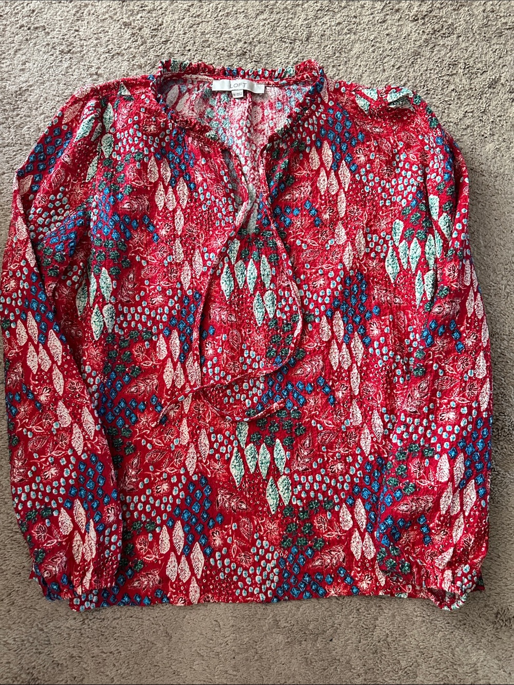 LOFT Red Floral & Leaf Print Tie-Neck Blouse
